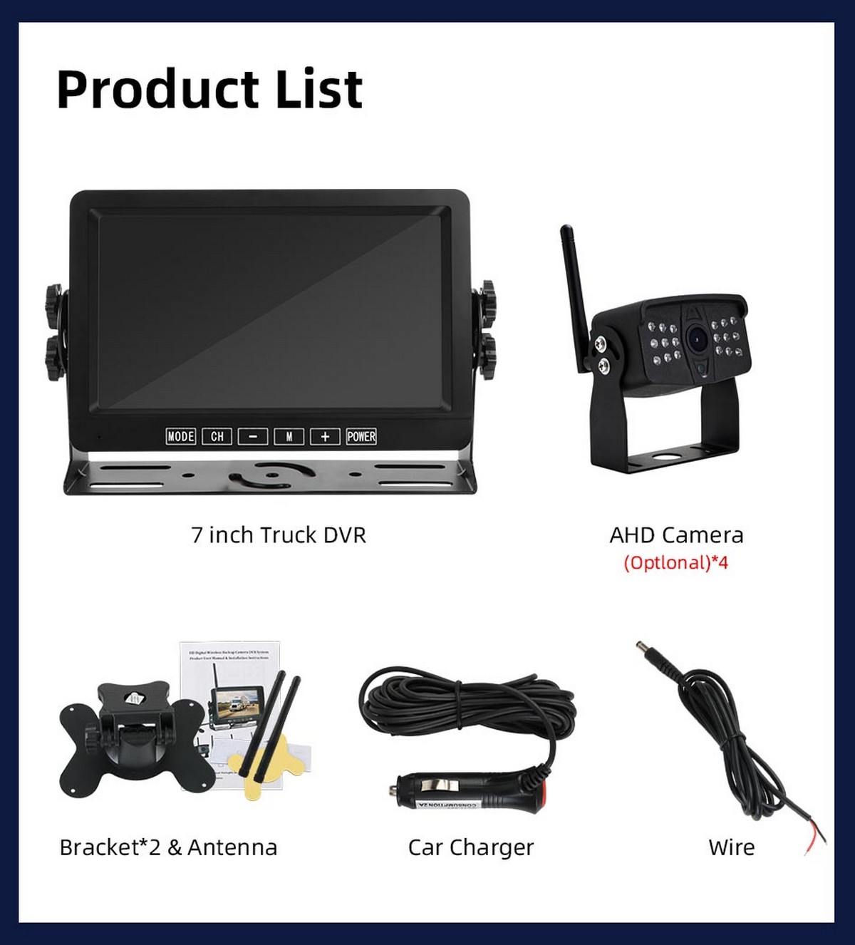 Conjunto de estacionamento AHD com câmera + monitor e cabeamento