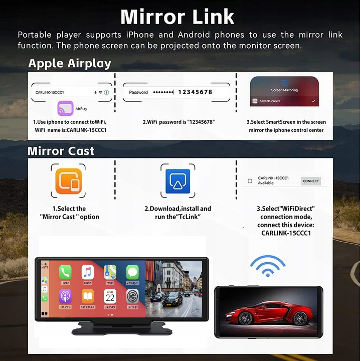 Monitor com suporte de espelho fundido para carro, caravana, van, caminhão