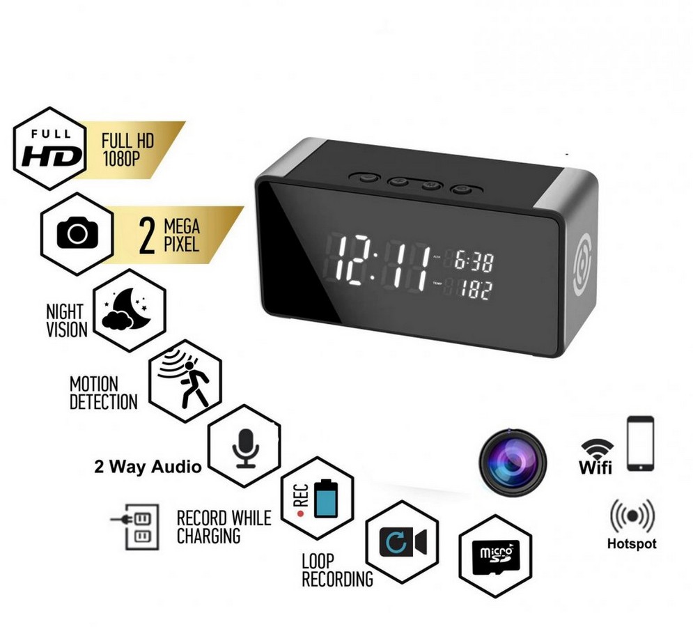 câmera wi-fi no despertador + alto-falante bluetooth
